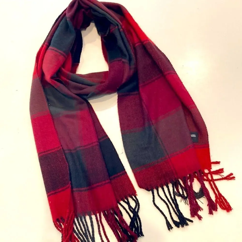 Red and green plaid hundred percent cashmere scarf made in Scotland
